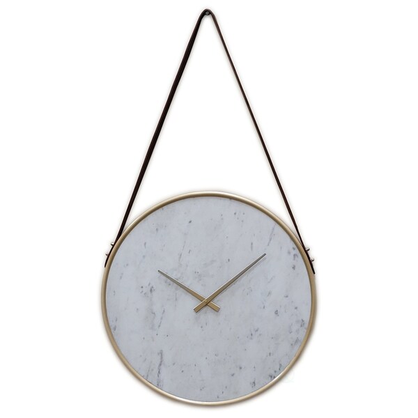 Quickway Imports Metal Wall Clock Marble Look Face, Gold Rim and Handles with Hanging Band, for Dining, Living Room QI004256 - main